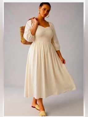 LC Lauren Conrad Cream Smocked Linen Midi Dress NWT XL